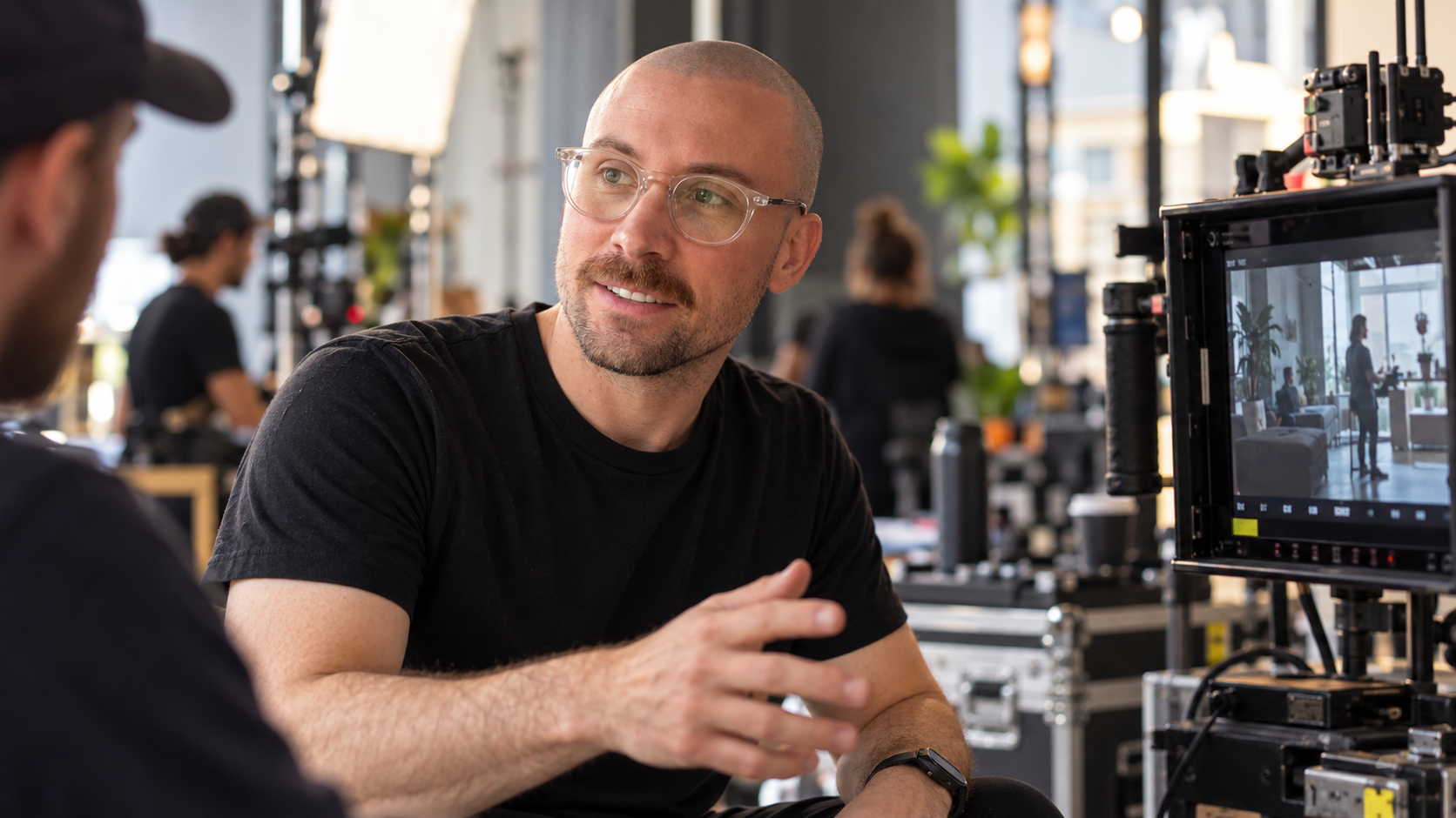 Chris Bookman directing on set beside a production monitor